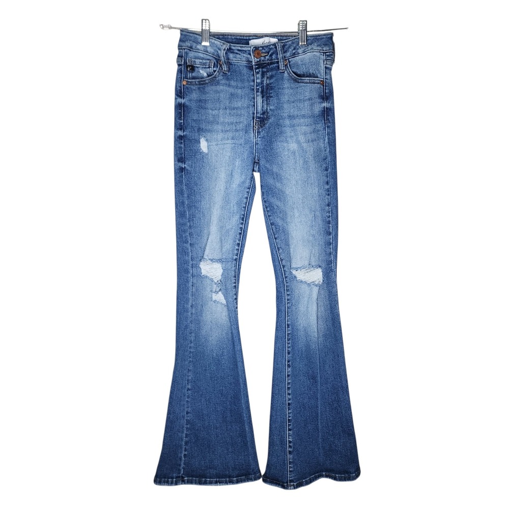 Kancan Womens High Rise Distressed Flare Jeans Medium Wash Ripped Knee Size 5/26